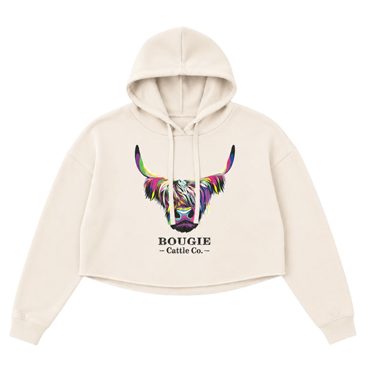 Beige hoodie with colorful cow graphic and 'Bougie Cattle Co.' text on a transparent background