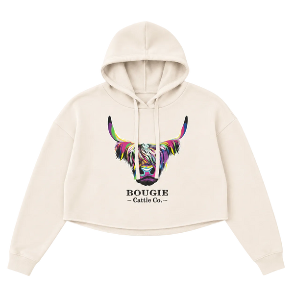 Beige hoodie with colorful cow graphic and 'Bougie Cattle Co.' text on a transparent background