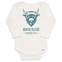 White baby onesie with teal graphic and text on a transparent background