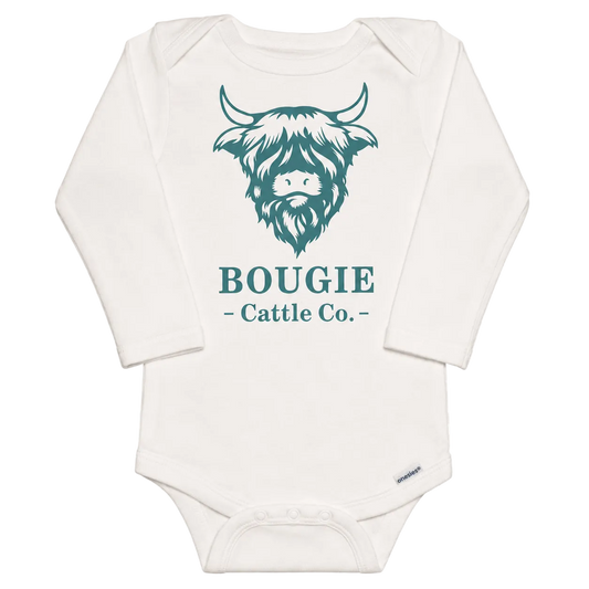White baby onesie with teal graphic and text on a transparent background