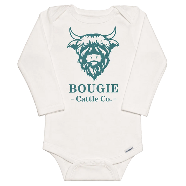 White baby onesie with teal graphic and text on a transparent background