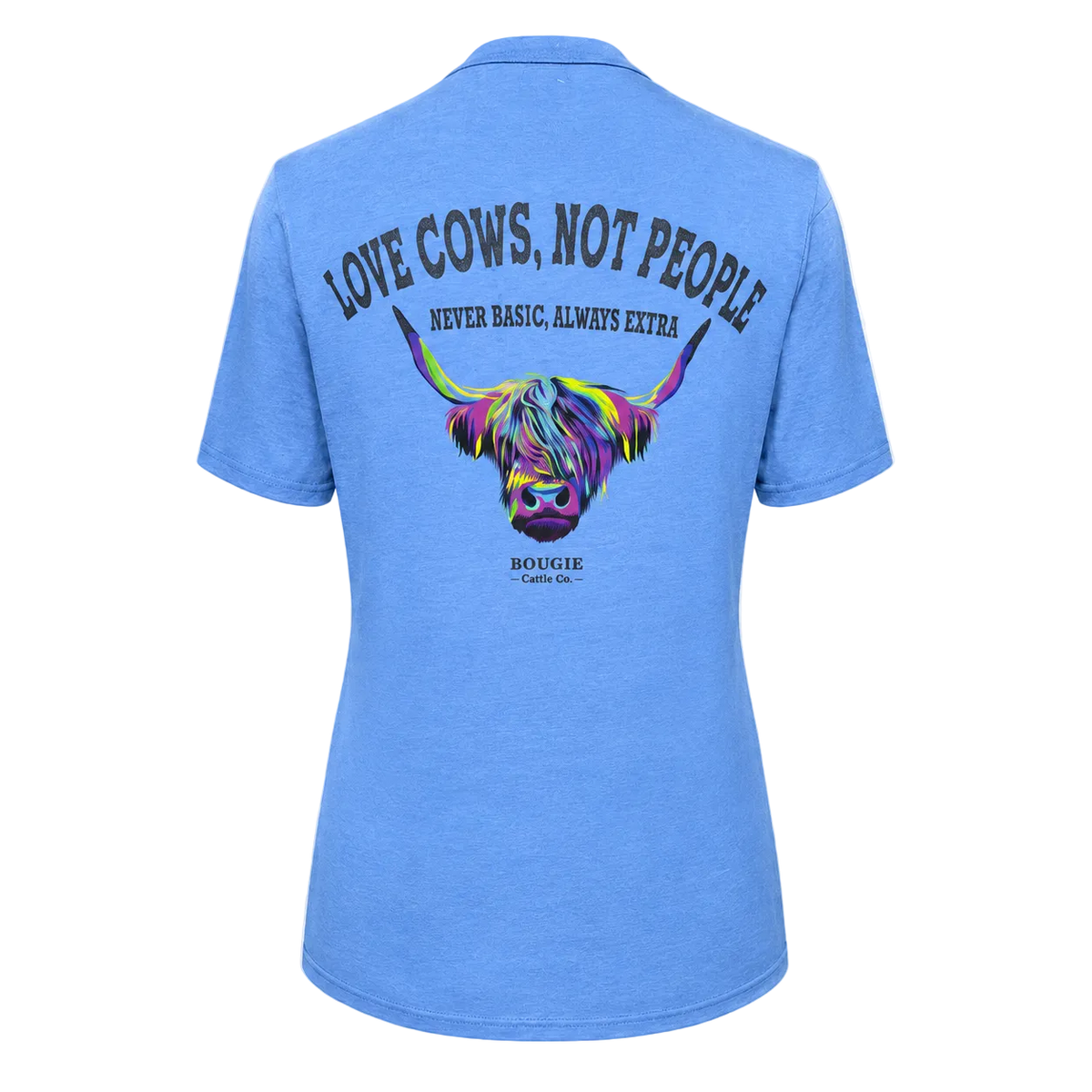 Blue t-shirt with colorful cow graphic and text on a white background