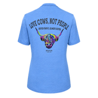 Blue t-shirt with colorful cow graphic and text on a white background