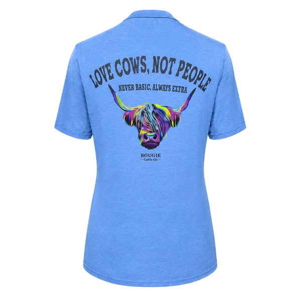 Blue t-shirt with colorful cow graphic and text on a white background
