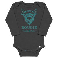 Black baby onesie with teal graphic and text on a white background