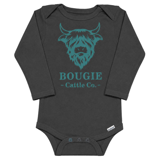 Black baby onesie with teal graphic and text on a white background