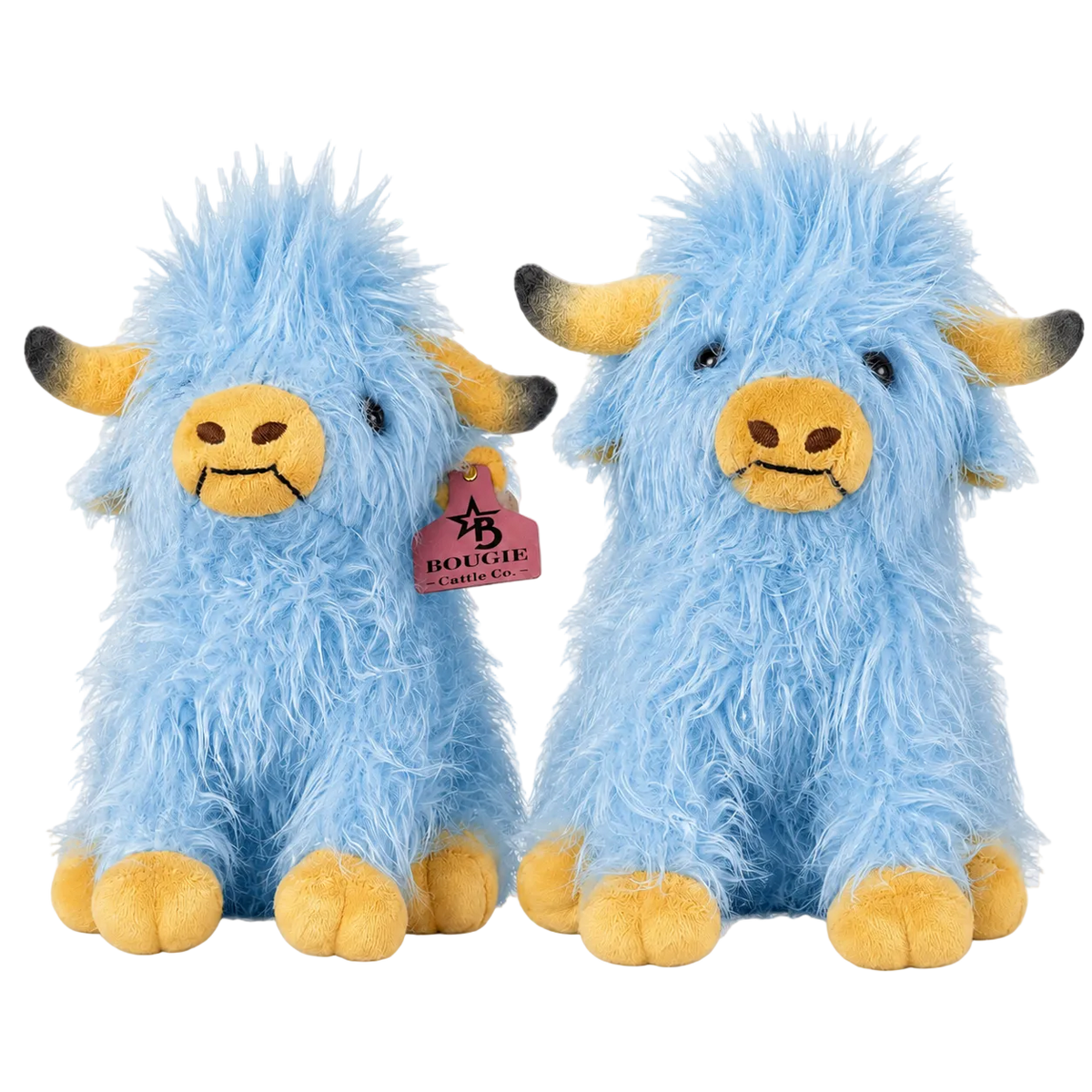 Two blue plush yaks with yellow accents on a white background