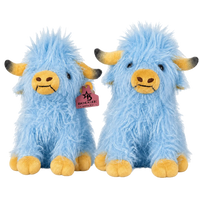 Two blue plush yaks with yellow accents on a white background