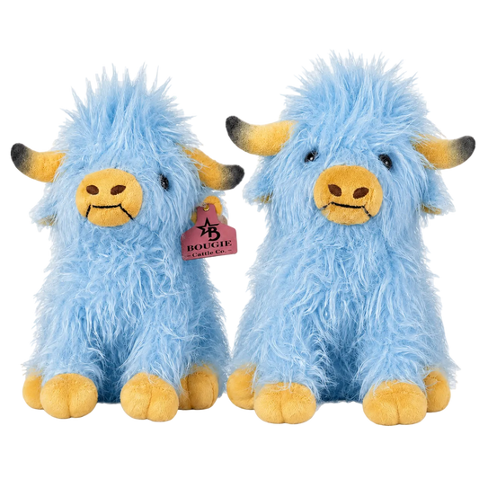 Two blue plush yaks with yellow accents on a white background