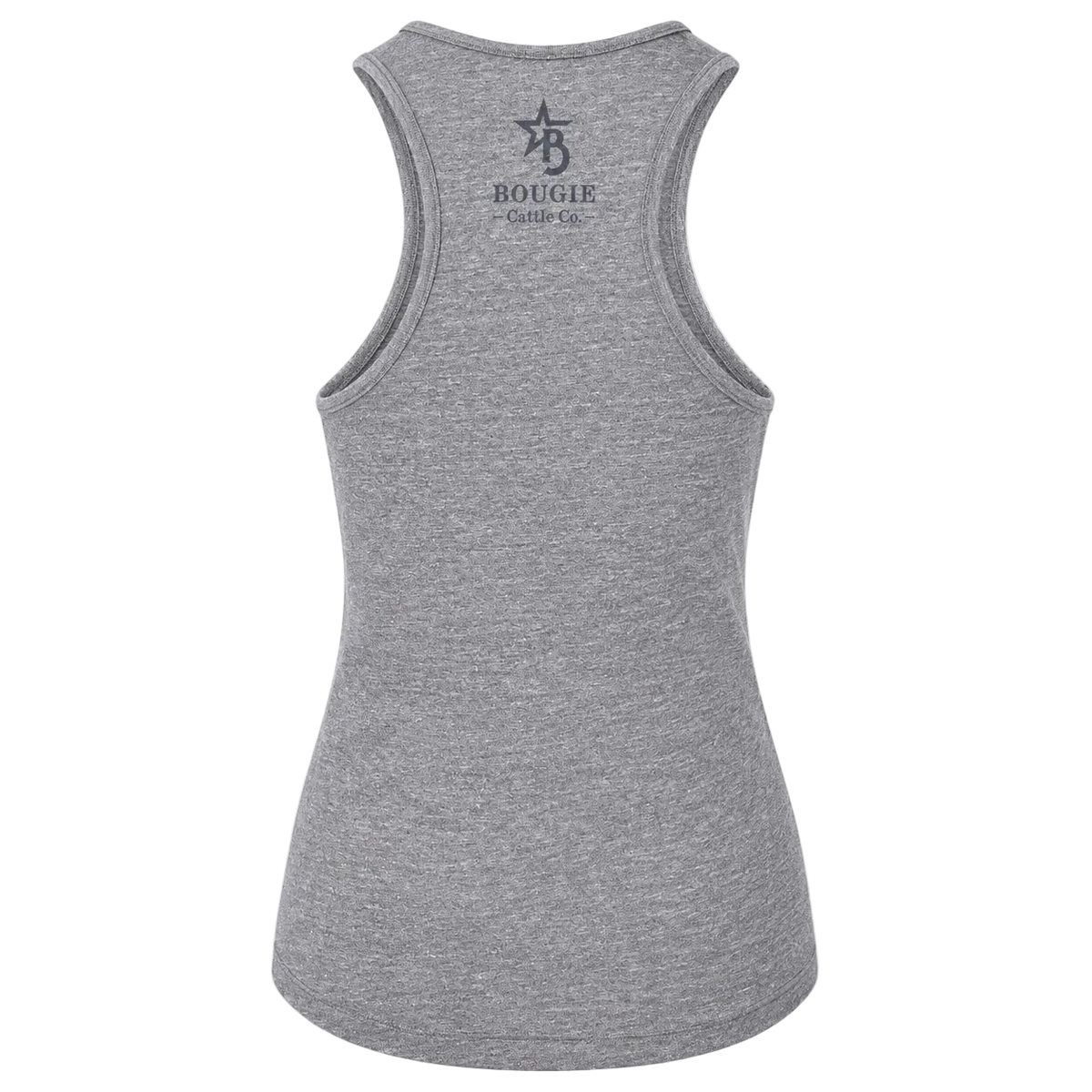 Gray tank top with branding on the back against a white background