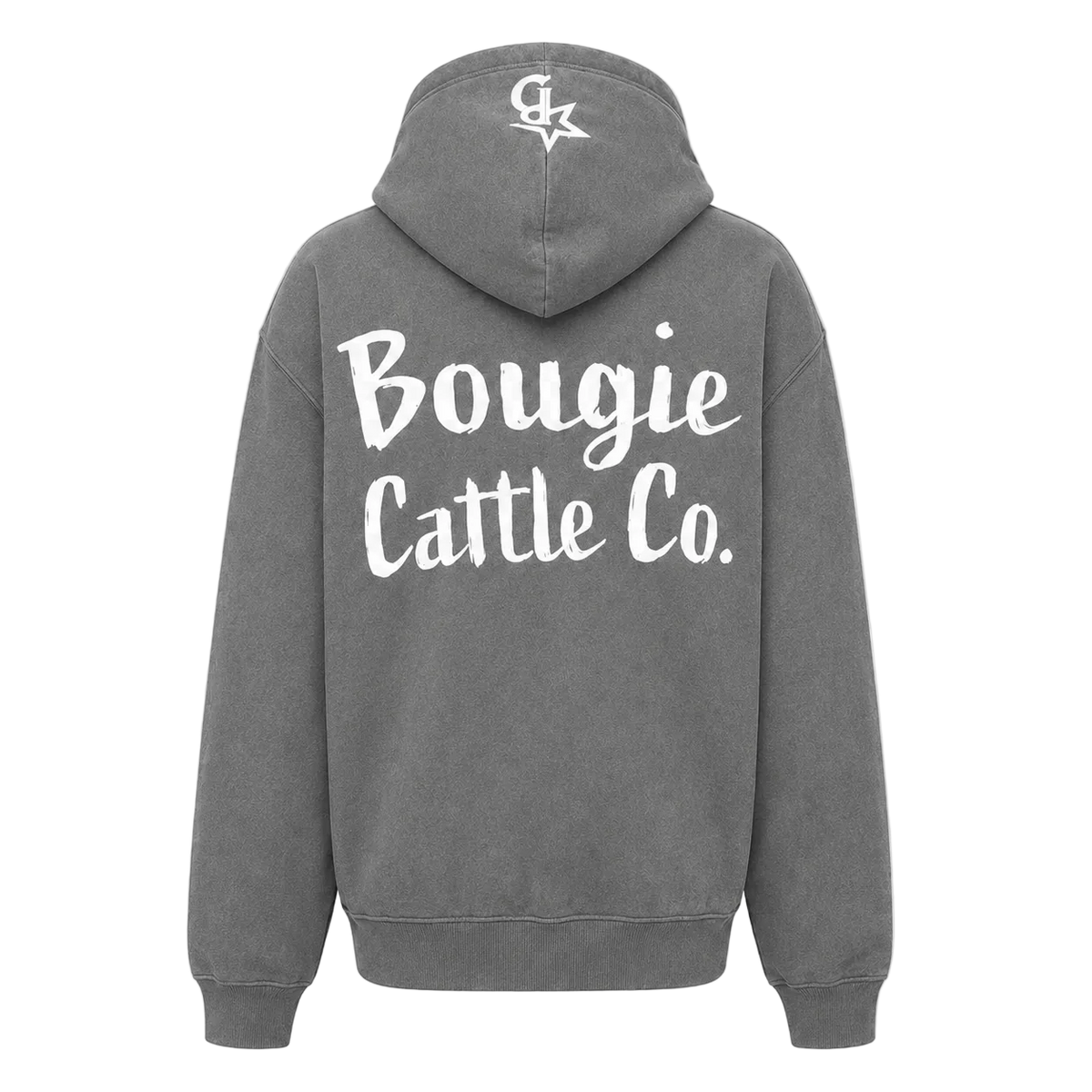 Gray hoodie with 'Bougie Cattle Co.' text on the back against a white background