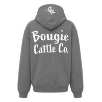 Gray hoodie with 'Bougie Cattle Co.' text on the back against a white background