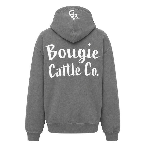 Gray hoodie with 'Bougie Cattle Co.' text on the back against a white background