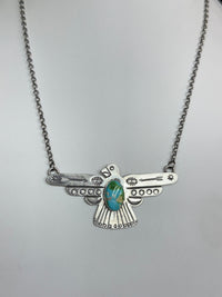 Russell Sam Handmade Native American Sterling Silver Thunderbird Necklace with Turquoise