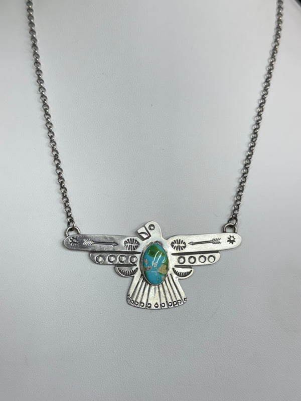 Russell Sam Handmade Native American Sterling Silver Thunderbird Necklace with Turquoise