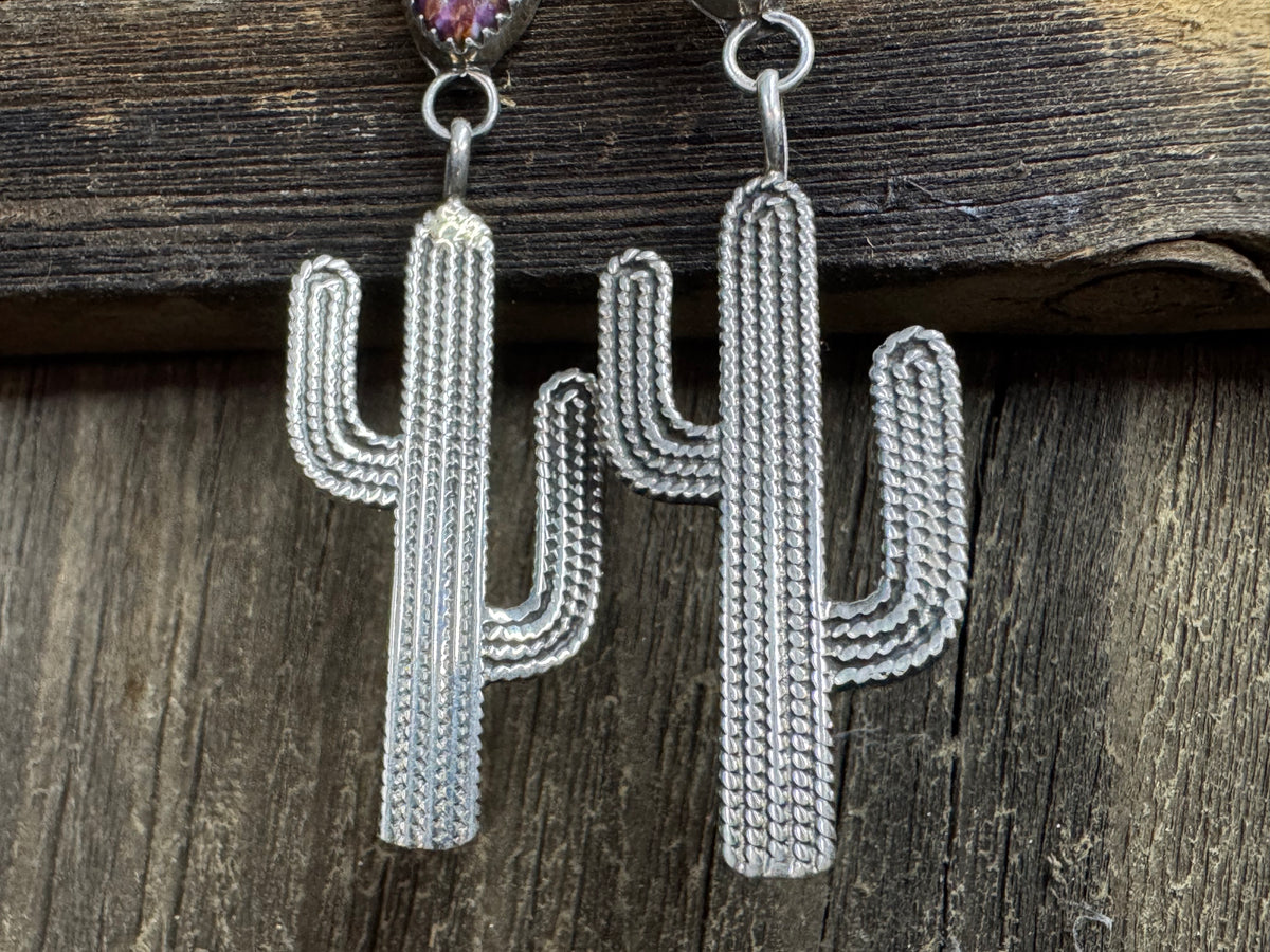 Native American Handmade Sterling Silver Cactus Earrings with Purple and Orange Spiny Oyster