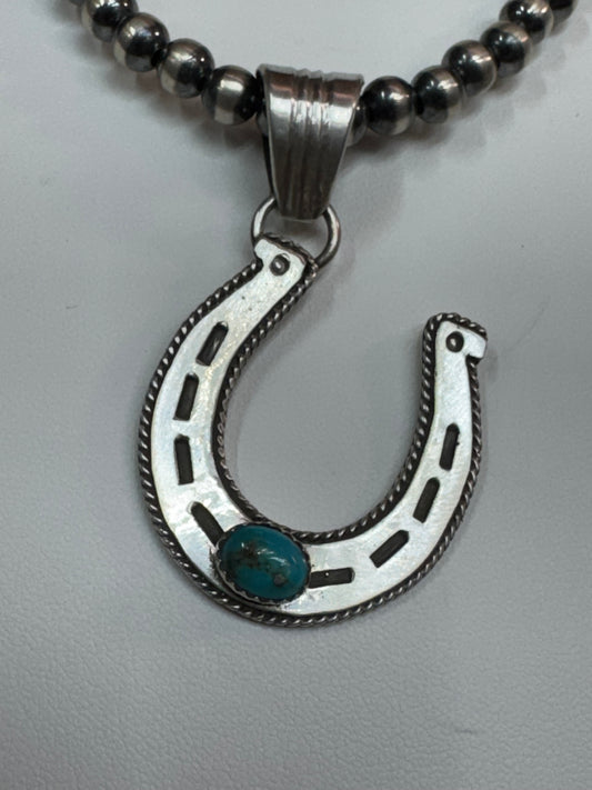 Native American Handmade Sterling Silver Horseshoe Pendant with Stone
