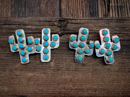 Sterling Silver Native American Artist Marked Turquoise Cactus Earrings