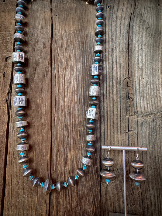 Handmade Native American Sterling Silver Necklace Earrings Set with Turquoise