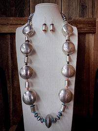 Handmade Native American Sterling Silver Necklace and Earrings With Turquoise, Pink Conch, Onyx and Spiny Oyster