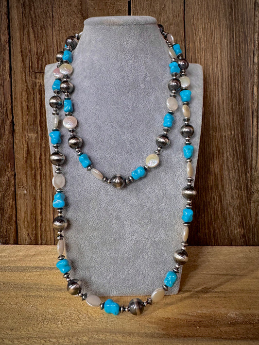 Native American Turquoise Pearl Sterling Silver Necklace