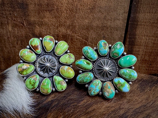 Native American Turquoise Cluster Adjustable Ring, Artist Stamped