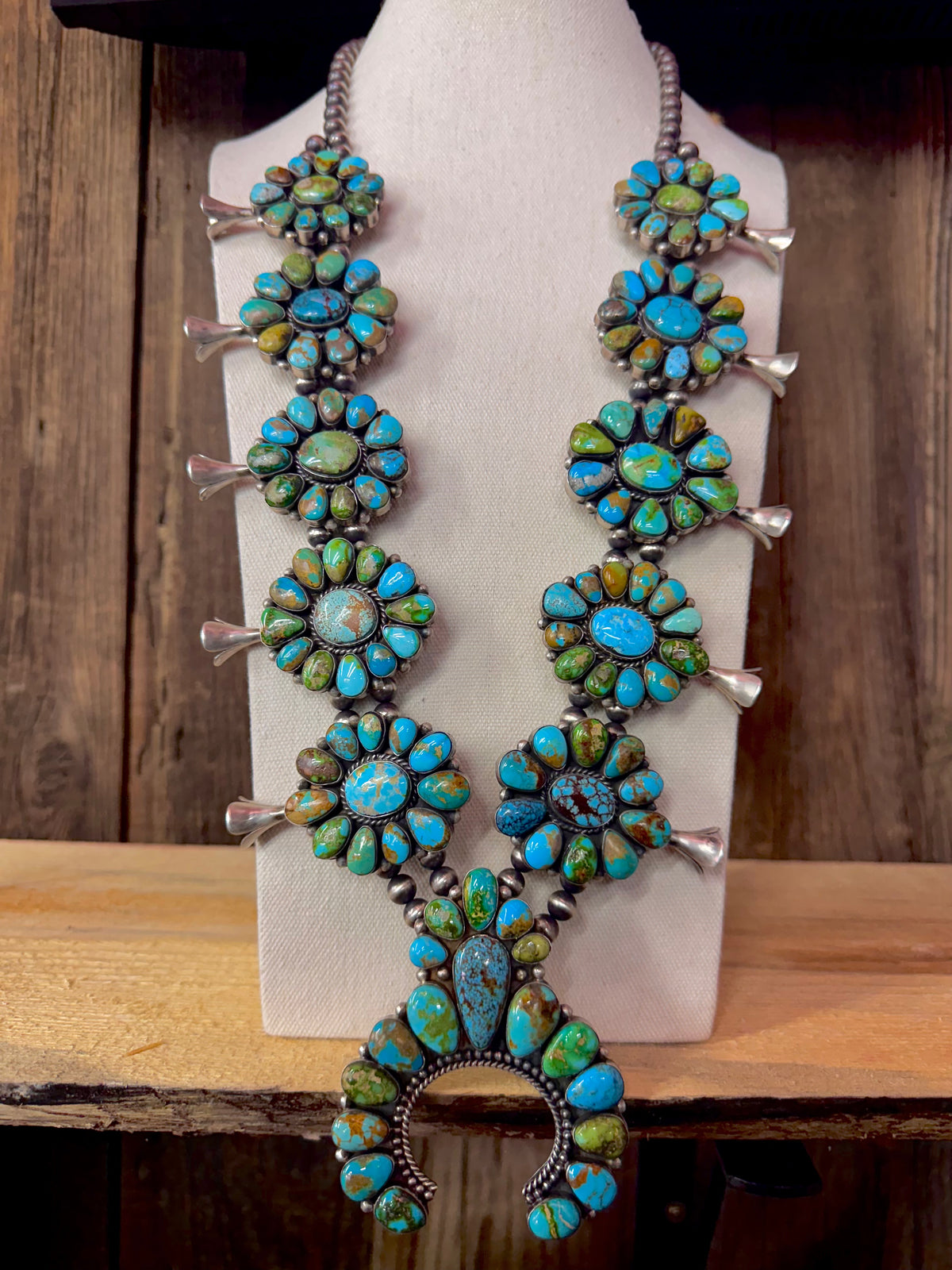 Native American Turquoise Cluster Sterling Silver Squash Blossom