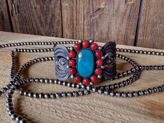 Native American Turquoise Coral Sterling Silver Cuff - Artist Stamped