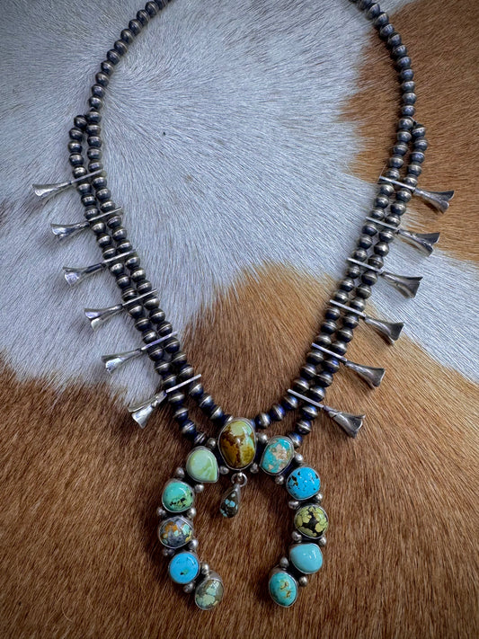 Handmade Native American Turquoise Sterling Silver Squash Blossom Necklace