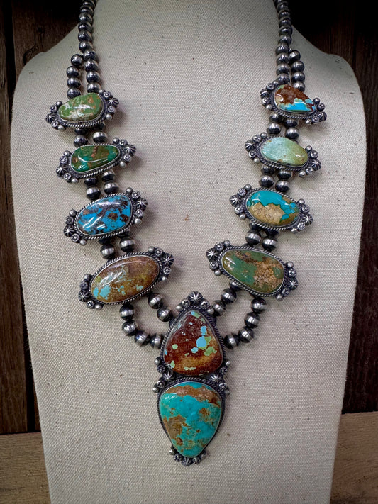 Native American Turquoise Sterling Silver Statement Necklace - Artist Signed