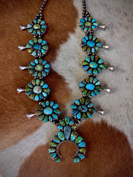 Native American Turquoise Cluster Sterling Silver Squash Blossom