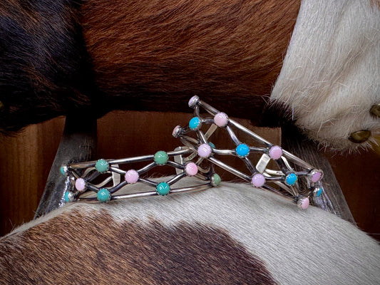 Native American Pink Conch Turquoise Sterling Silver Cuff