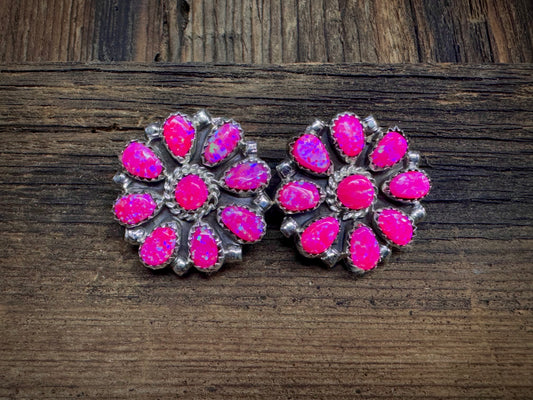 Pink Opal Cluster Sterling Silver Post Earrings - Artist Stamped