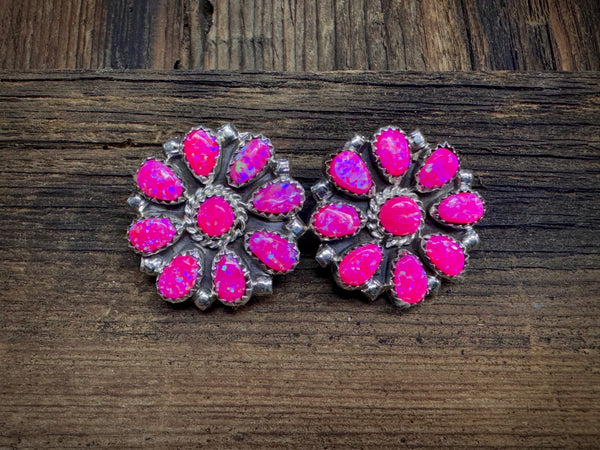 Pink Opal Cluster Sterling Silver Post Earrings - Artist Stamped