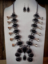 Native American Handmade Onyx Sterling Silver Squash Blossom Necklace with Earrings