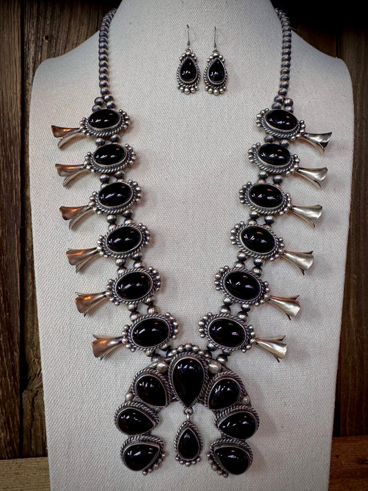 Native American Handmade Onyx Sterling Silver Squash Blossom Necklace with Earrings