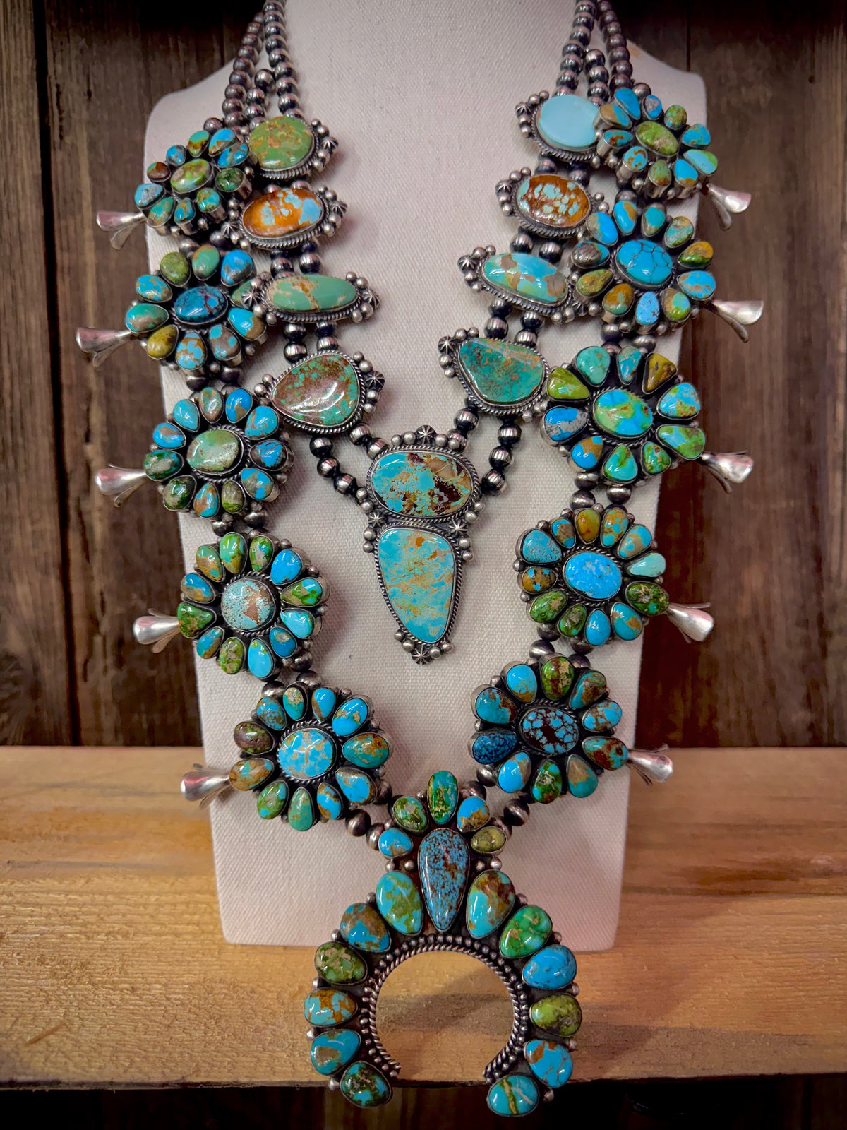 Native American Turquoise Cluster Sterling Silver Squash Blossom