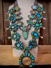 Native American Turquoise Cluster Sterling Silver Squash Blossom