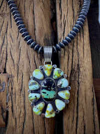 Hand Made Black Jack and Palomino Turquoise Cluster Sterling Silver Pendent Artist Stamped