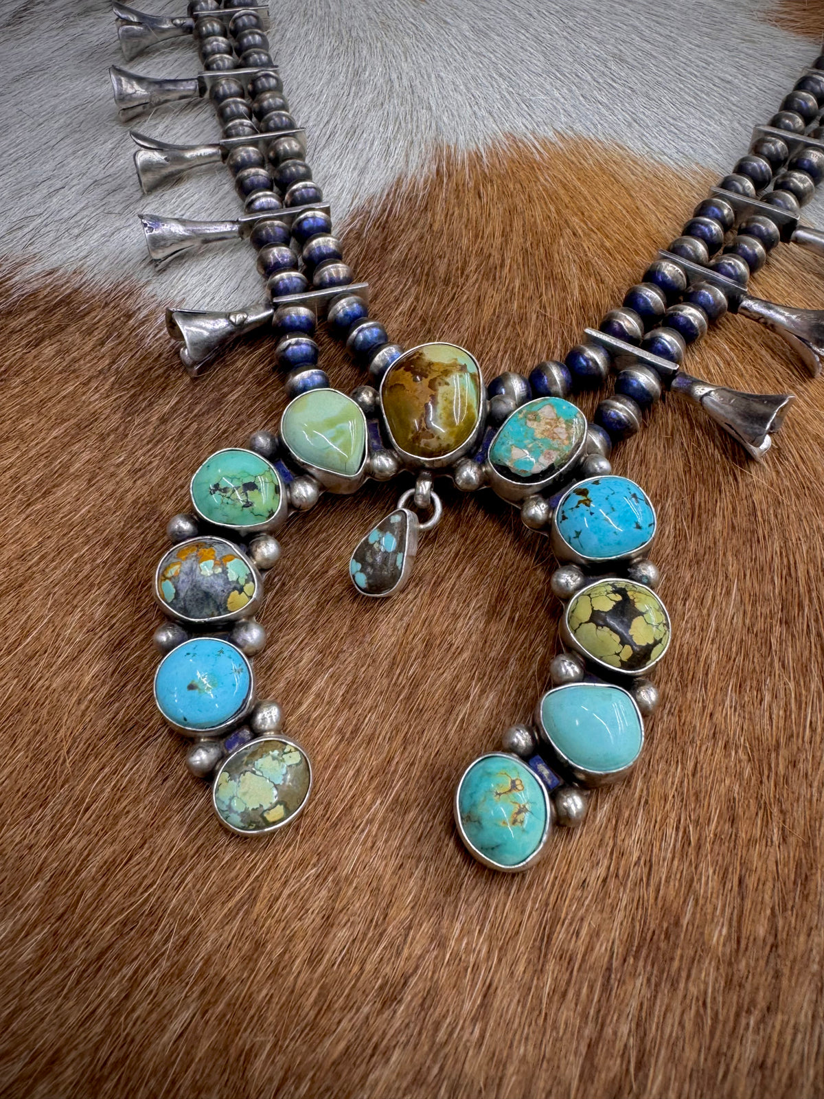 Handmade Native American Turquoise Sterling Silver Squash Blossom Necklace