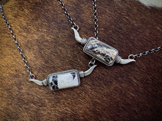 Native American White Buffalo Longhorn Sterling Silver Bar Necklace