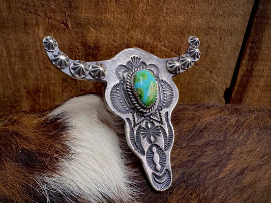 Native American Turquoise Steer Skull Sterling Silver Adjustable Ring, Artist Signed