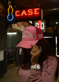 Load image into Gallery viewer, Pink Suade “ Check Your Lumps” Trucker Hat
