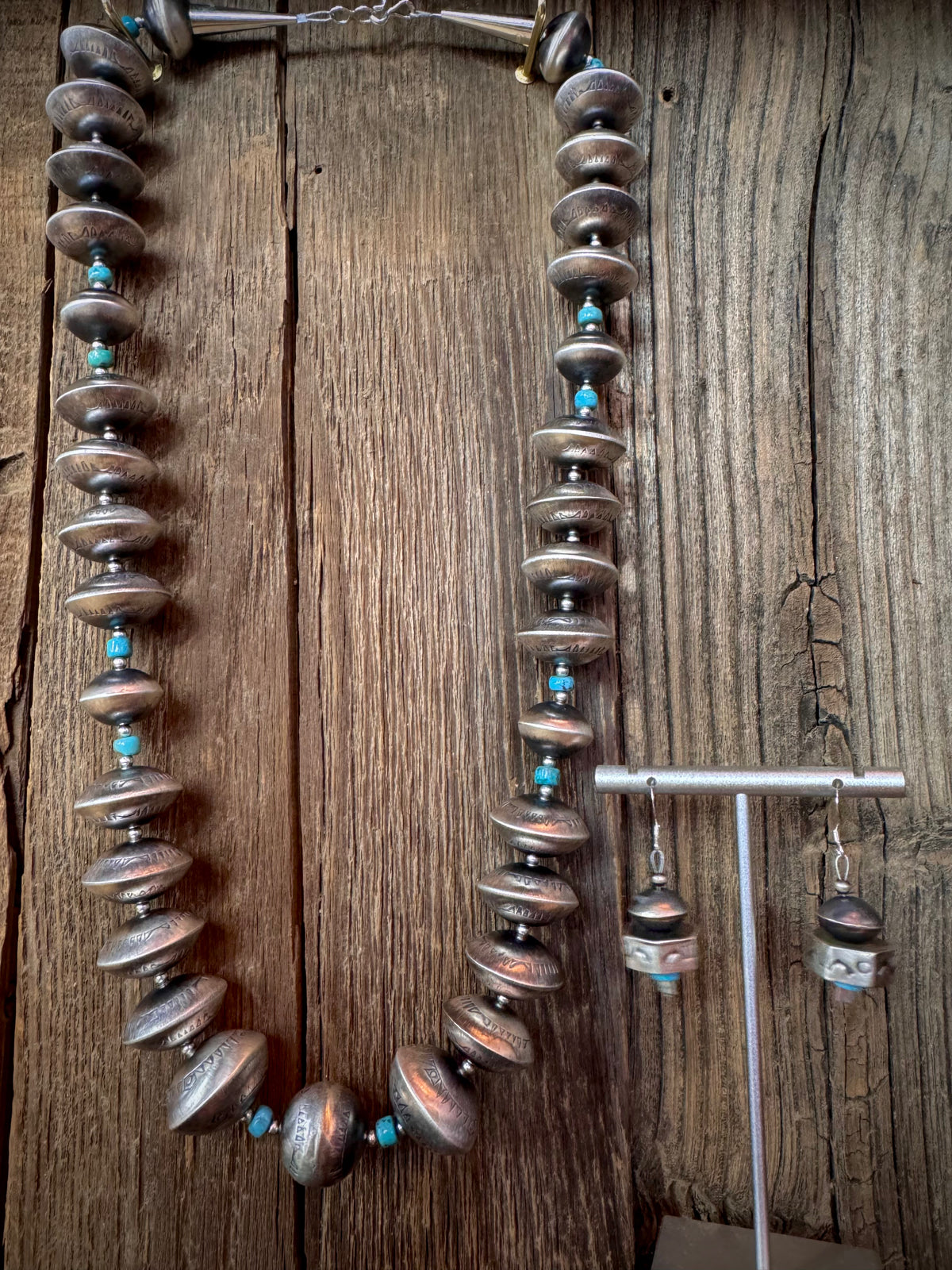 Handmade Native American Sterling Silver Disk Navajo Pearl Necklace and Earring Set