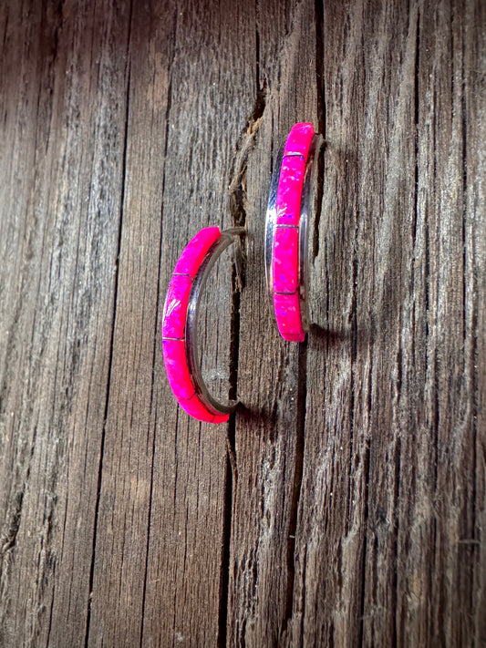Native American Pink Opal Sterling Silver Hoop Earrings