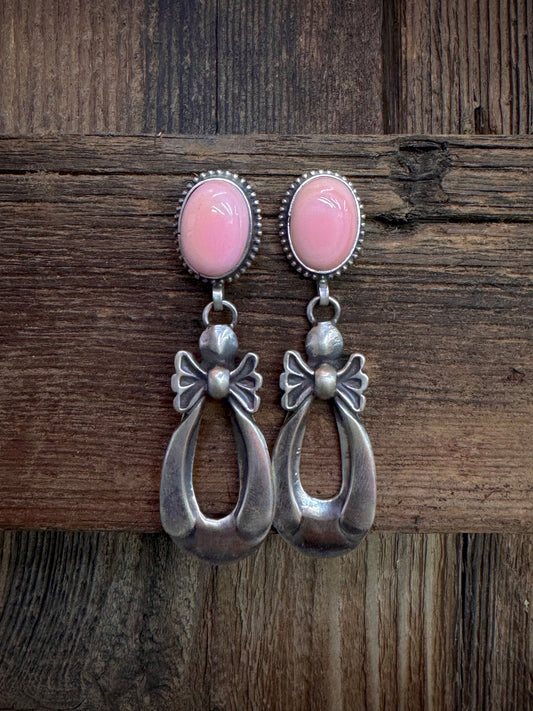 Native American Pink Conch Sterling Silver Bow Dangle Earrings