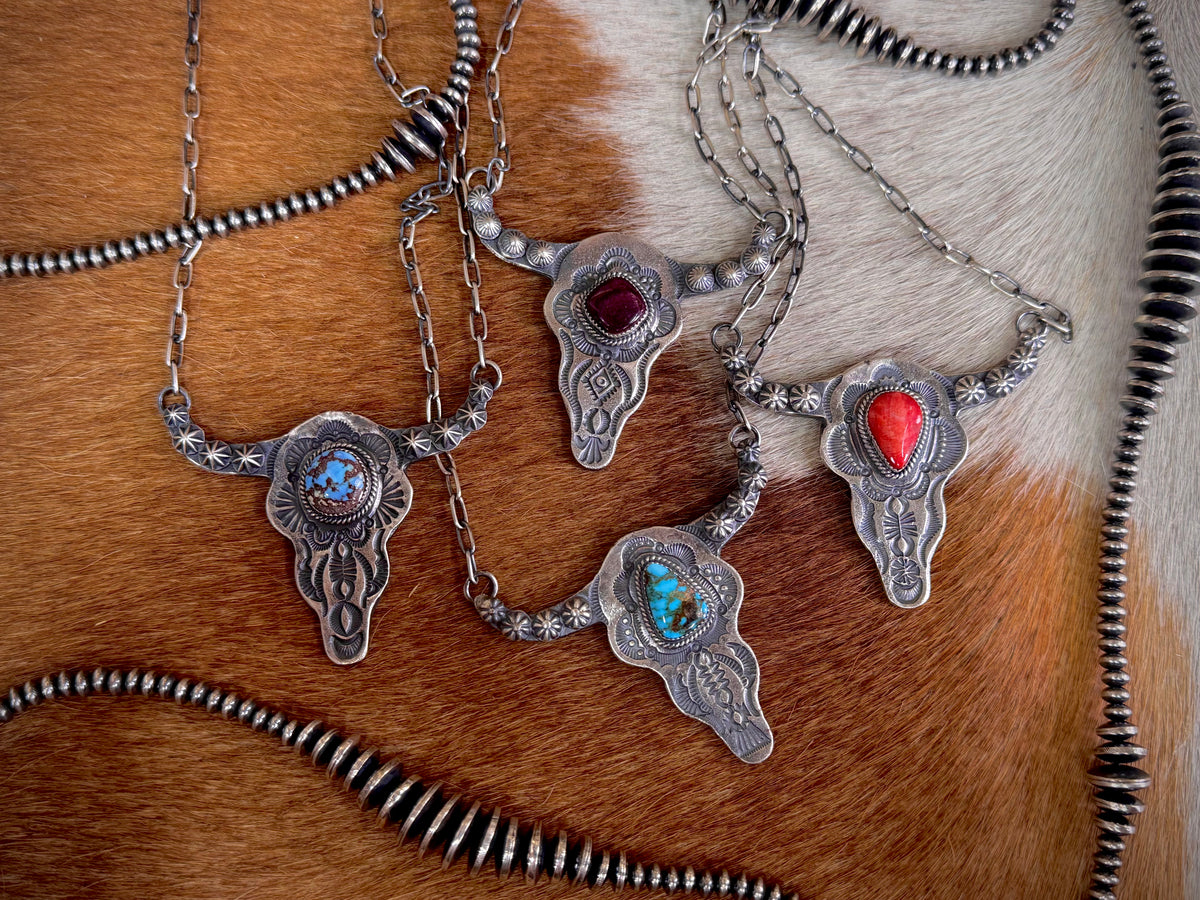 Native American Steer Skull Sterling Silver Necklace