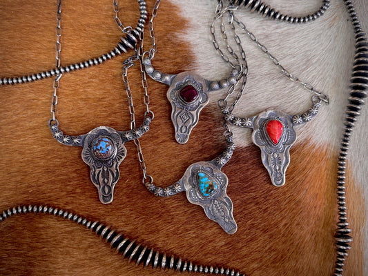 Native American Steer Skull Sterling Silver Necklace