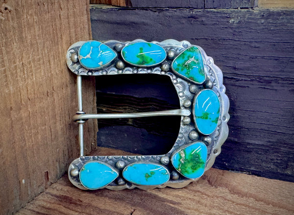 Large Native American Sterling Silver Turquoise Ranger Buckle - Artist Signed