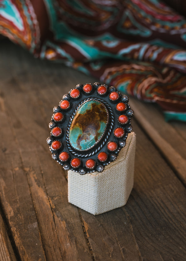 Large Turquoise & Coral Adjustable Statement Ring in Sterling Silver signed by Artist